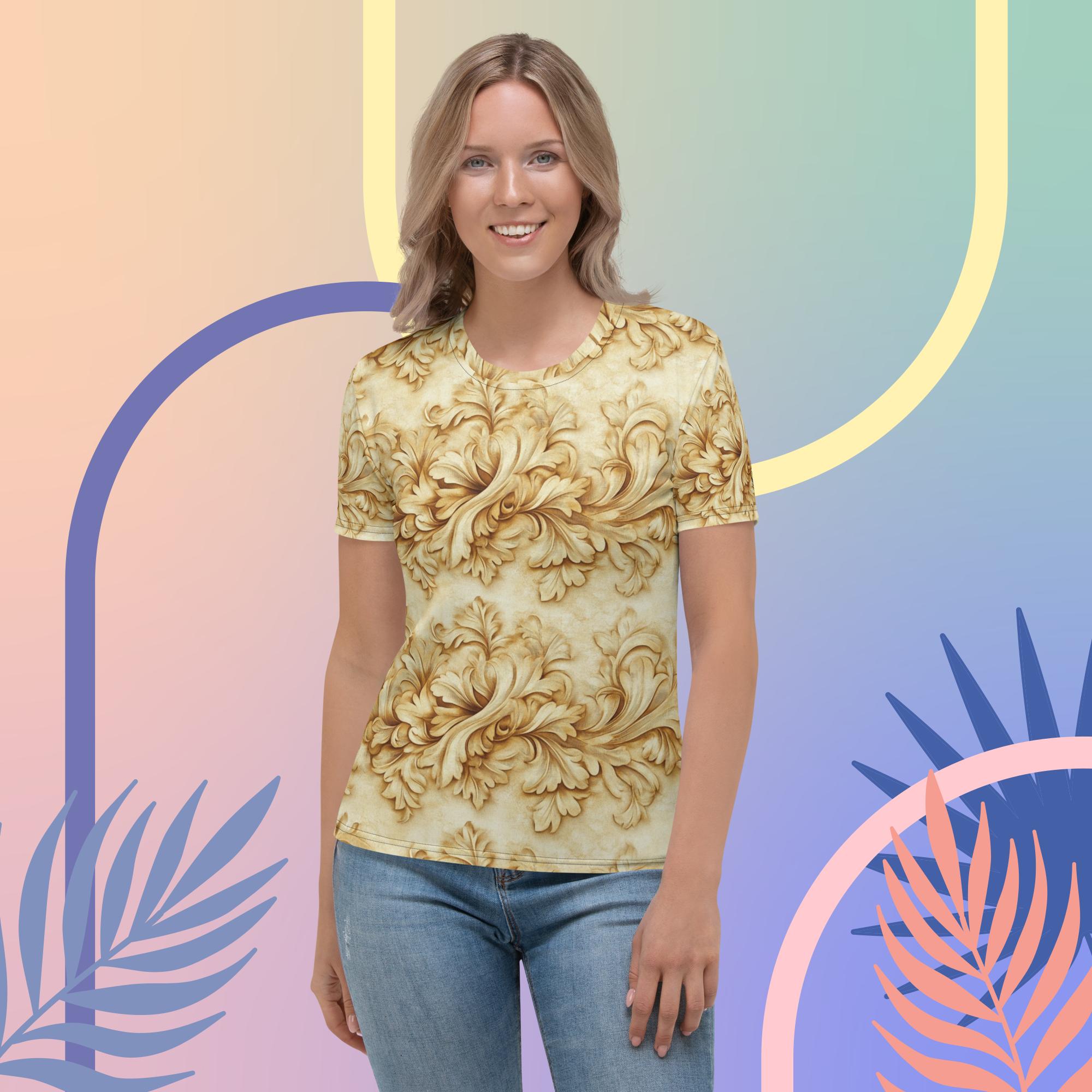 Golden Whispers Tee – Elegant Gold Floral Vintage Style by XGuidance XS 1