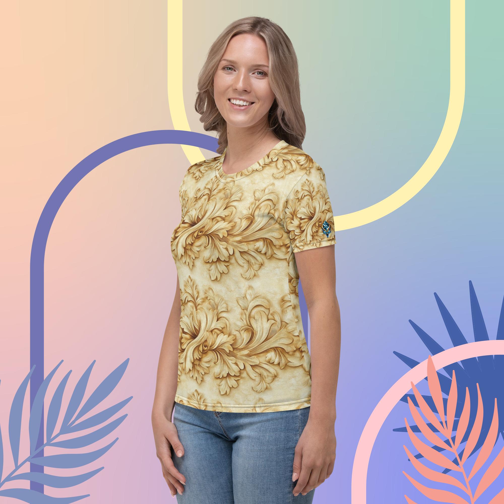 Golden Whispers Tee – Elegant Gold Floral Vintage Style by XGuidance XS 3