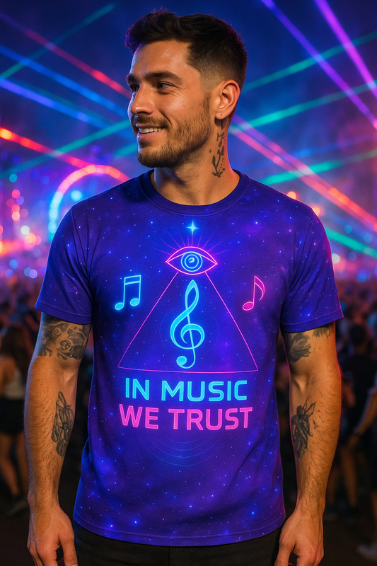 In Music We Trust T-Shirt, Neon Festival Streetwear T-Shirts by XGuidance XS 1