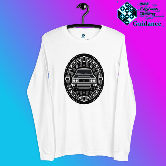 Monochrome Cruise Long Sleeve T-Shirt with Retro Car Design by XGuidance White 1
