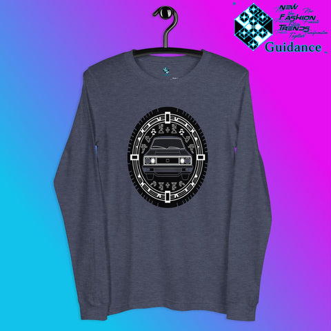 Monochrome Cruise Long Sleeve T-Shirt with Retro Car Design by XGuidance Heather Navy 6