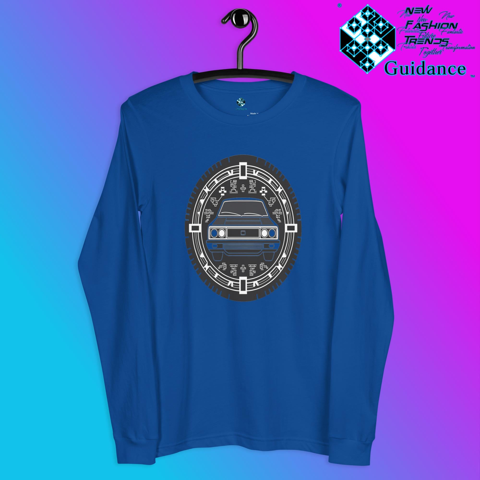 Monochrome Cruise Long Sleeve T-Shirt with Retro Car Design by XGuidance True Royal 7