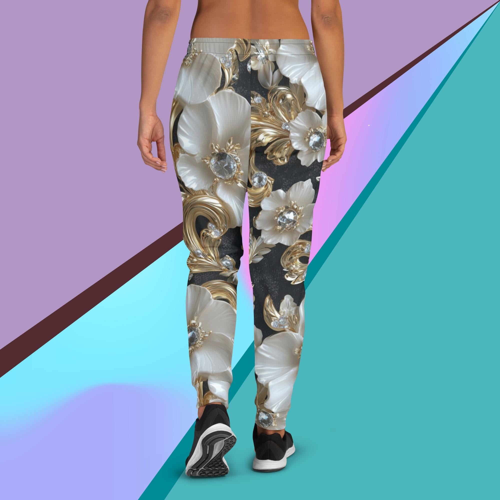 Elegant floral joggers for women with gold sparkle pattern – eco-friendly slim fit pants for classy casual wear
