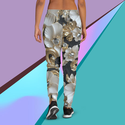 Elegant floral joggers for women with gold sparkle pattern – eco-friendly slim fit pants for classy casual wear