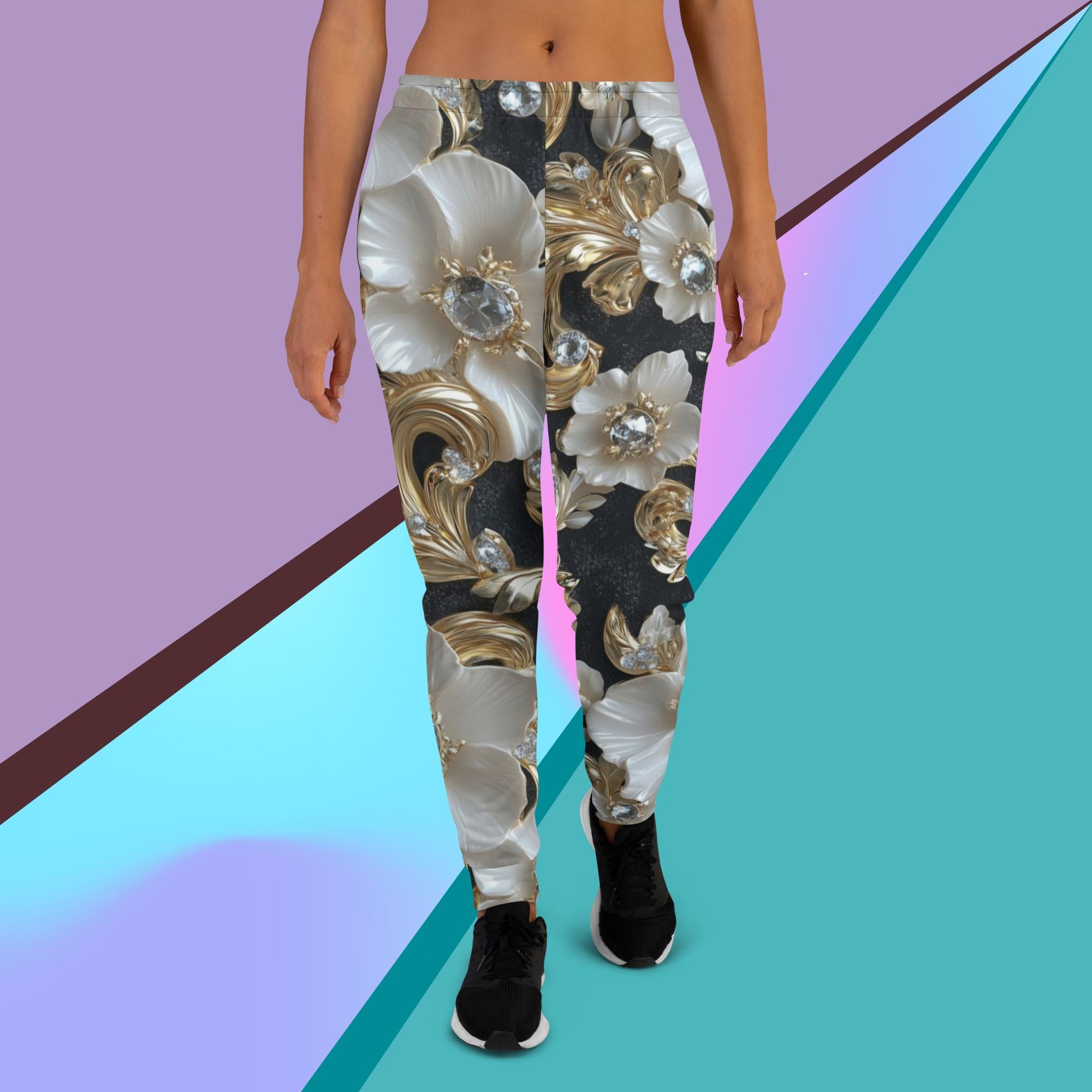 Elegant floral joggers for women with gold sparkle pattern – eco-friendly slim fit pants for classy casual wear