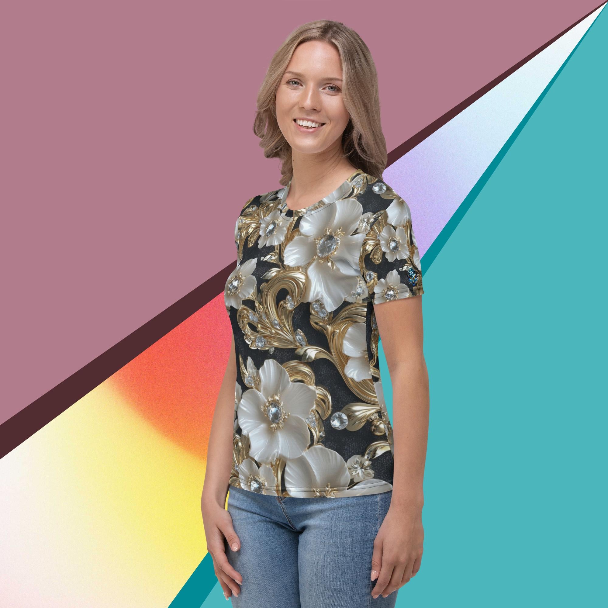 Opulent Bloom Tee – Elegant Floral Shirt with Gold Accents by XGuidance XS 3