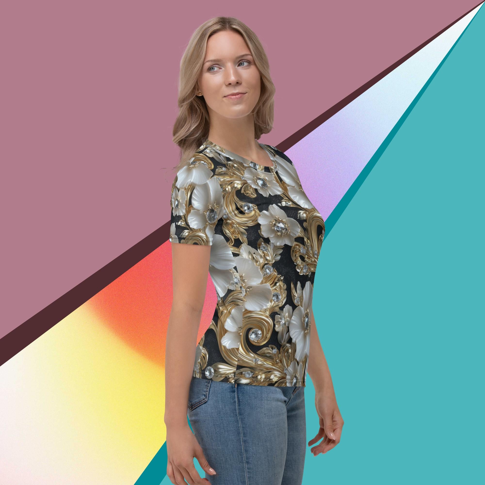 Opulent Bloom Tee – Elegant Floral Shirt with Gold Accents by XGuidance XS 4