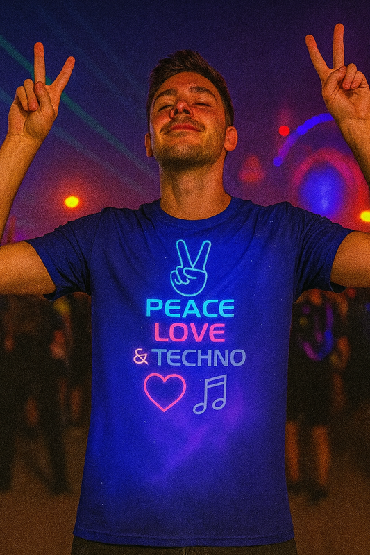 Peace Love Techno Nebula Tee, Neon Rave T-Shirts by XGuidance XS 1