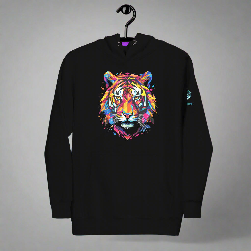 Prismatic Tiger Hoodie – Neon Geometric Wild Spirit by XGuidance Black 1
