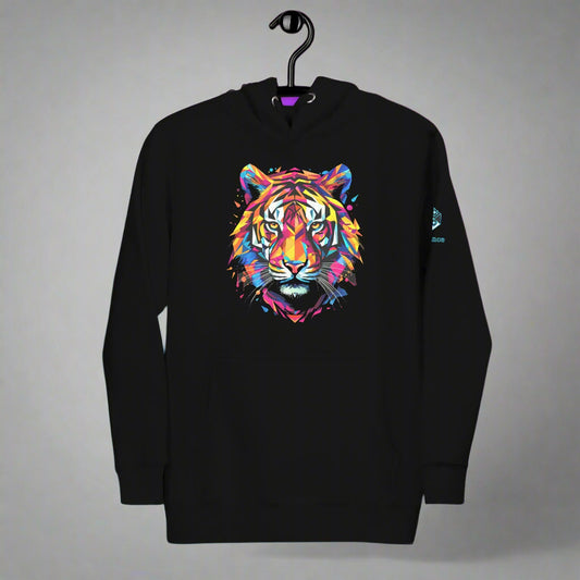 Prismatic Tiger Hoodie – Neon Geometric Wild Spirit by XGuidance Black 1
