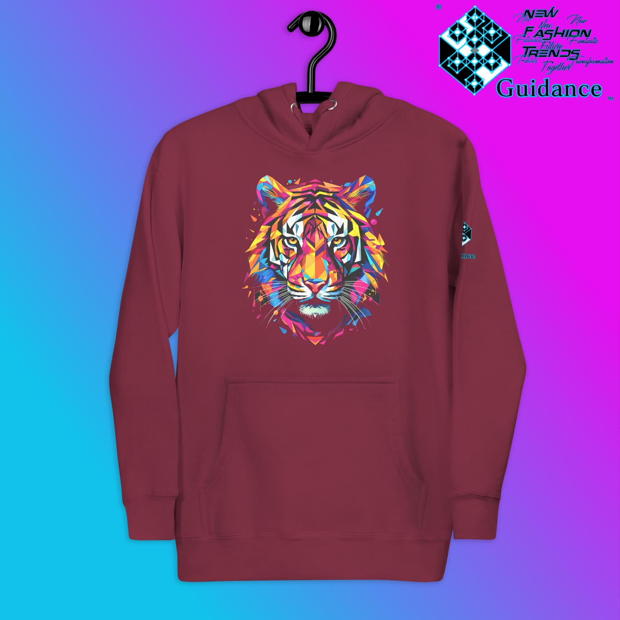 Prismatic Tiger Hoodie – Neon Geometric Wild Spirit by XGuidance Maroon 2