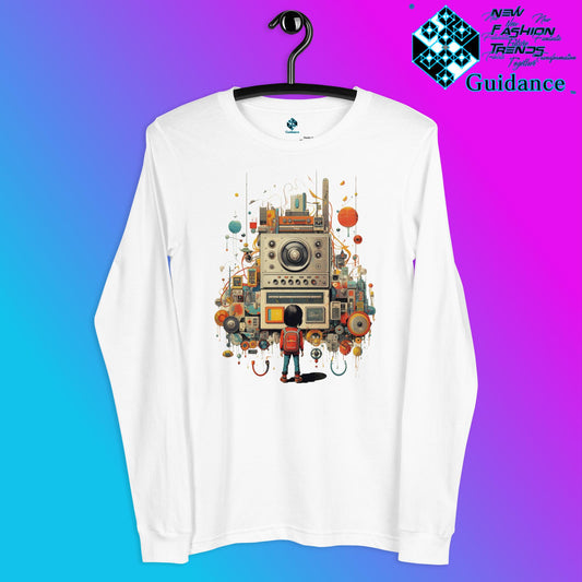 Radio Gaze Long Sleeve T-Shirt with Retro Robot Design by XGuidance White 1