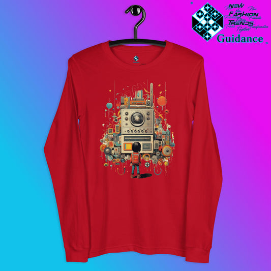 Radio Gaze Long Sleeve T-Shirt with Retro Robot Design by XGuidance Red 2