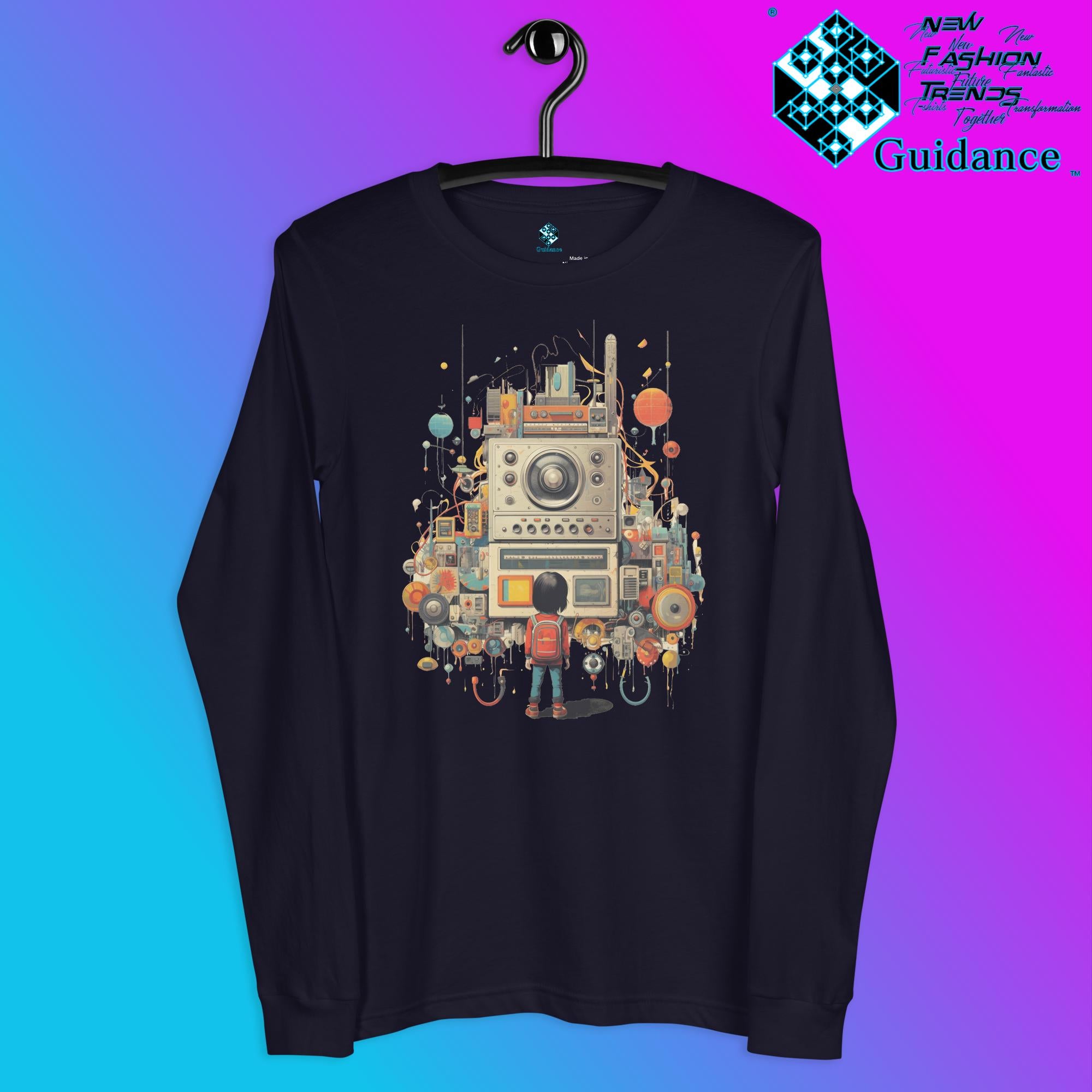 Radio Gaze Long Sleeve T-Shirt with Retro Robot Design by XGuidance Navy 3