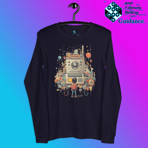 Radio Gaze Long Sleeve T-Shirt with Retro Robot Design by XGuidance Navy 3