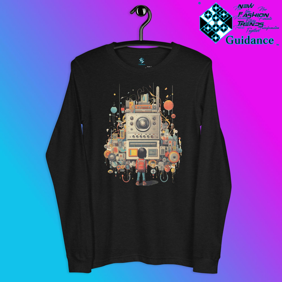Radio Gaze Long Sleeve T-Shirt with Retro Robot Design by XGuidance Black Heather 4