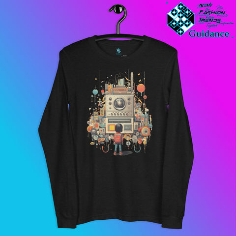 Radio Gaze Long Sleeve T-Shirt with Retro Robot Design by XGuidance Black Heather 4