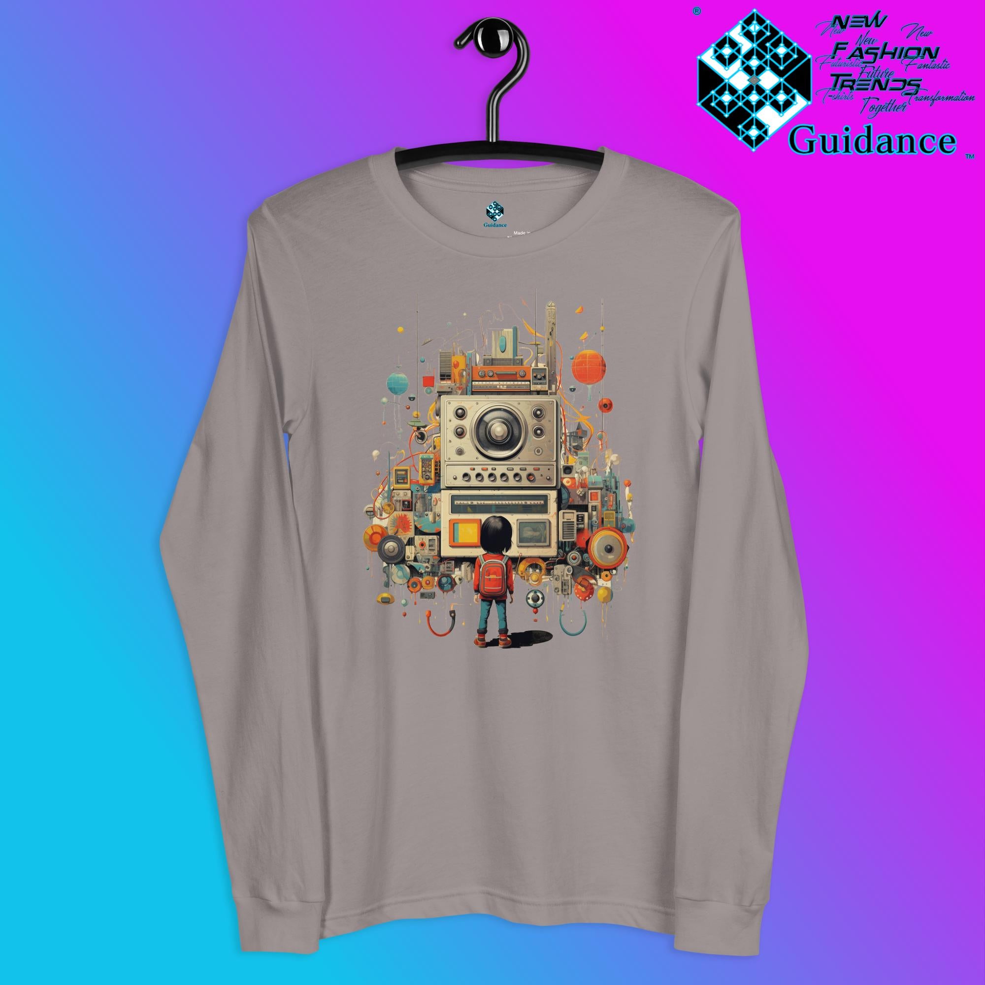 Radio Gaze Long Sleeve T-Shirt with Retro Robot Design by XGuidance Storm 7