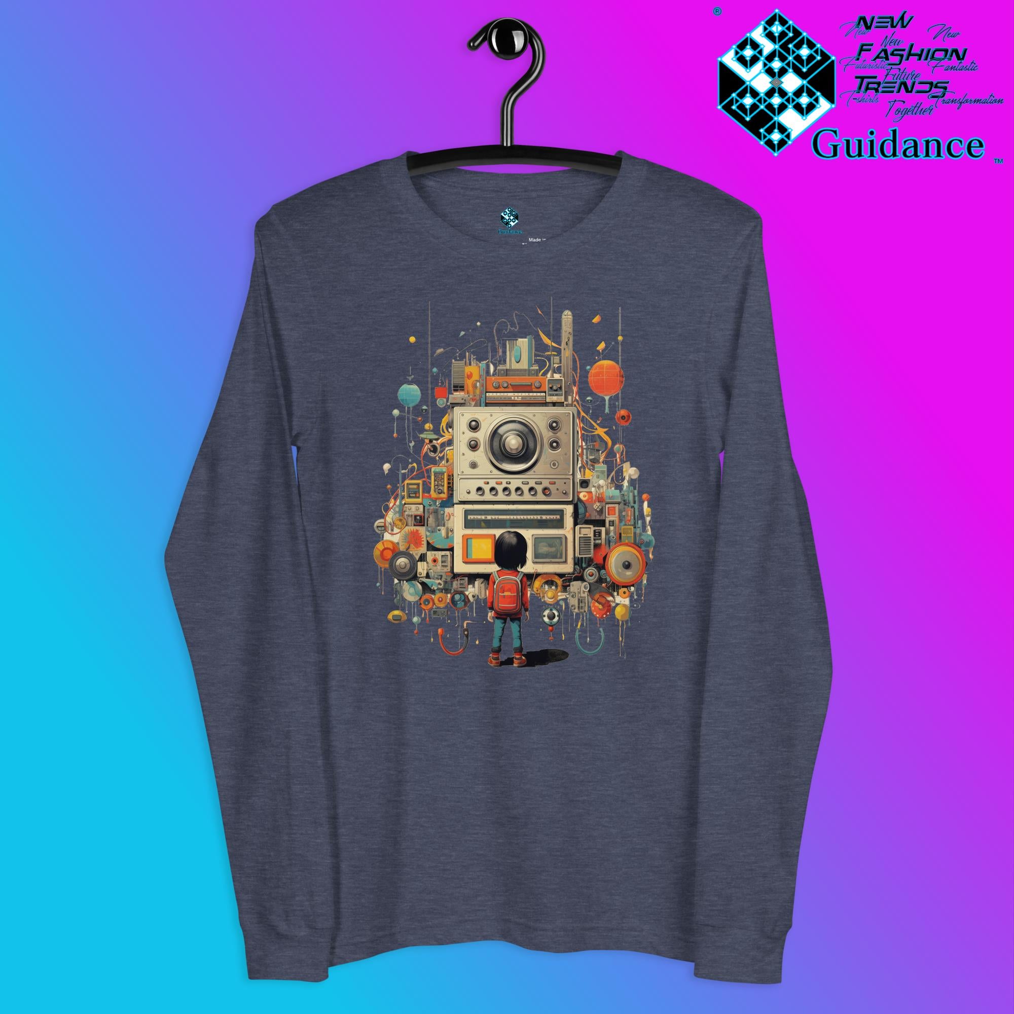 Radio Gaze Long Sleeve T-Shirt with Retro Robot Design by XGuidance Heather Navy 8