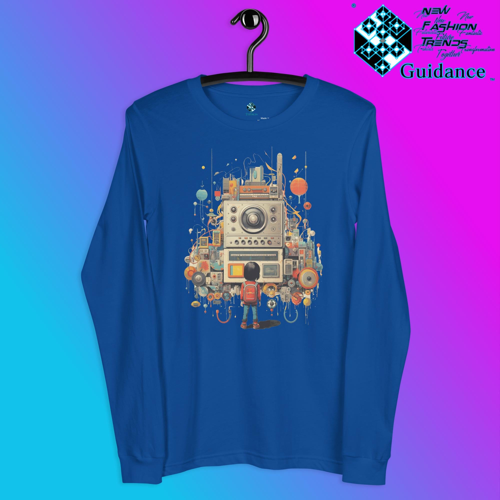 Radio Gaze Long Sleeve T-Shirt with Retro Robot Design by XGuidance True Royal 9