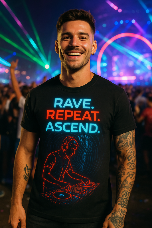 Rave Repeat Ascend DJ T-Shirt, Neon Festival T-Shirts by XGuidance XS 1