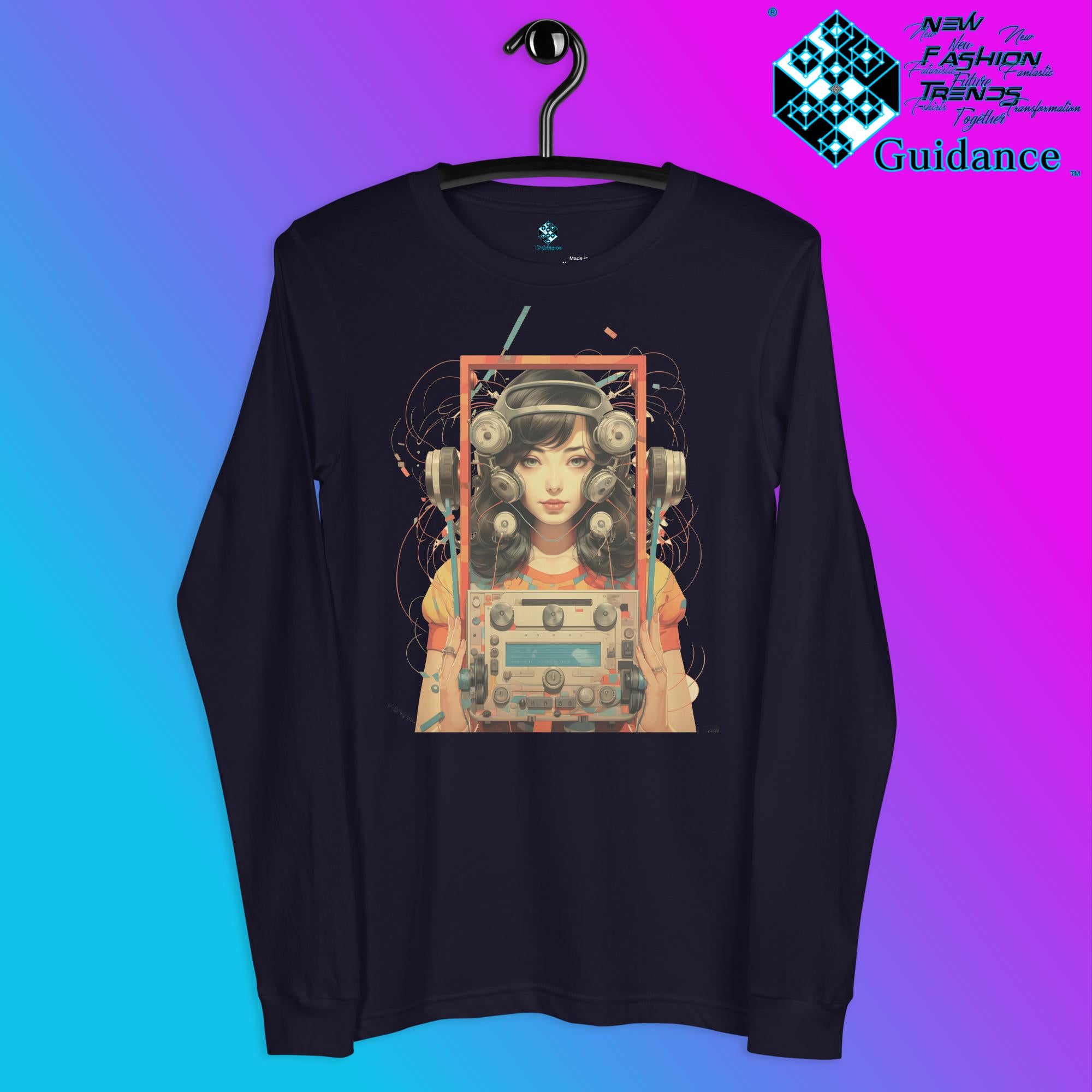 Retro Echo Long Sleeve T-Shirt with Vintage Portrait Design by XGuidance Navy 4