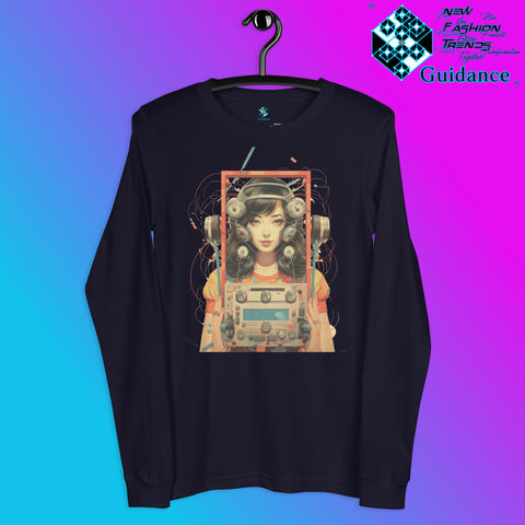 Retro Echo Long Sleeve T-Shirt with Vintage Portrait Design by XGuidance Navy 4
