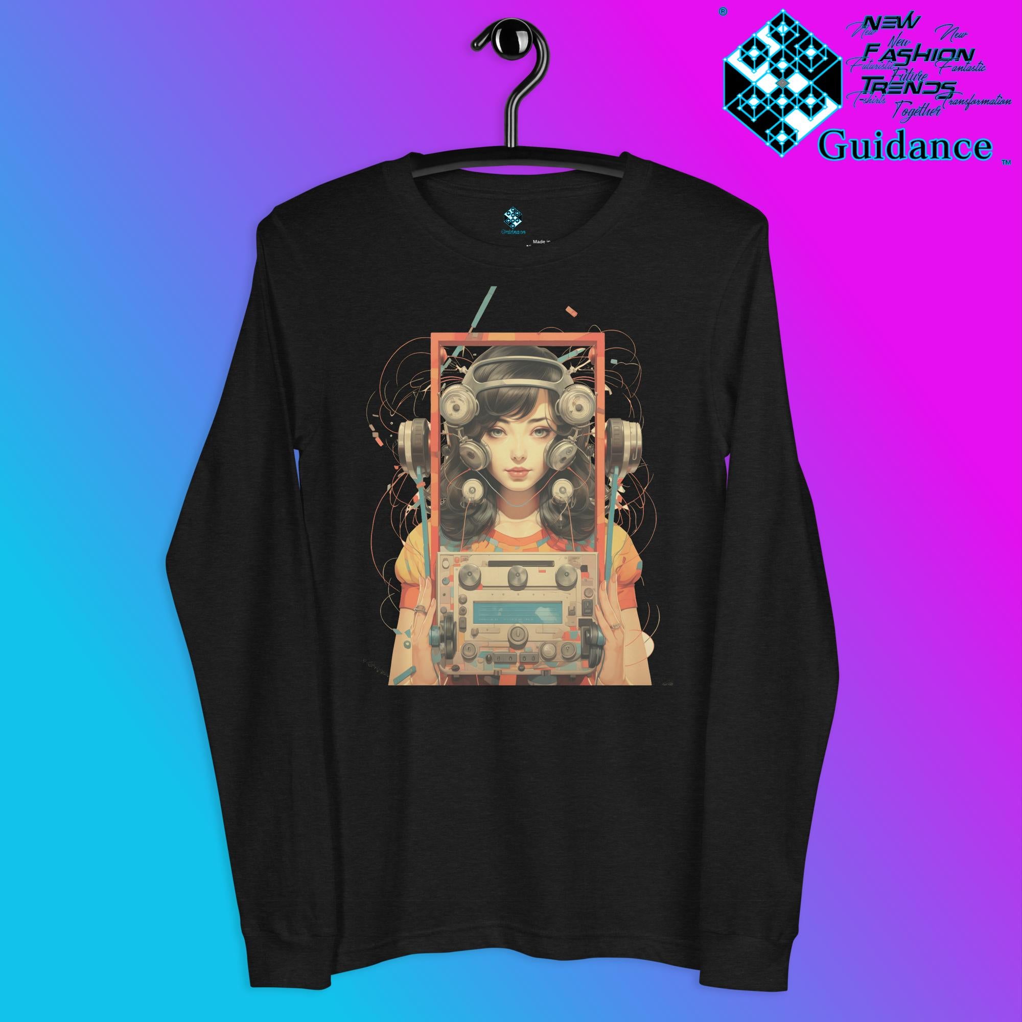 Retro Echo Long Sleeve T-Shirt with Vintage Portrait Design by XGuidance Black Heather 5