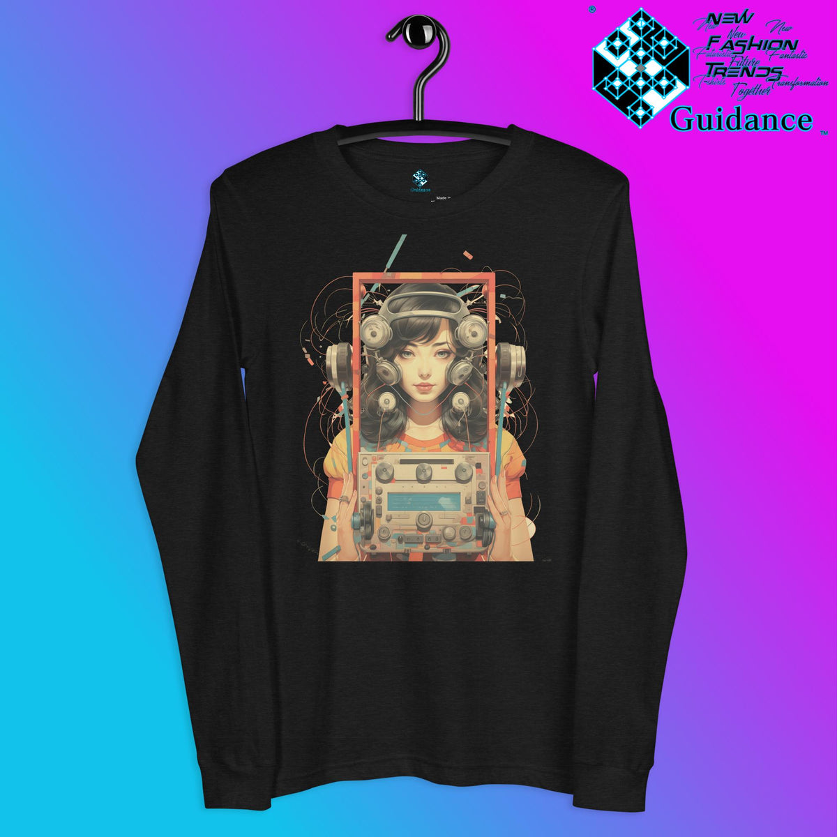 Retro Echo Long Sleeve T-Shirt with Vintage Portrait Design by XGuidance Black Heather 5