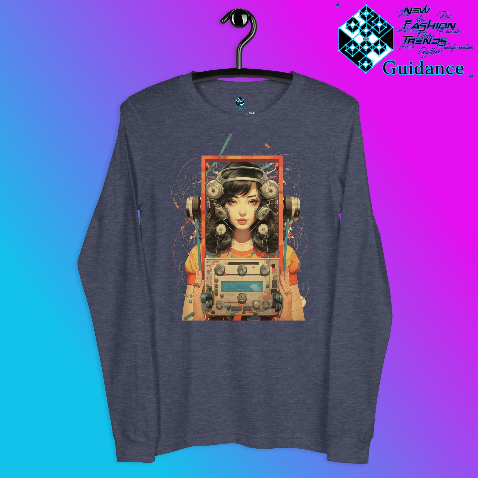 Retro Echo Long Sleeve T-Shirt with Vintage Portrait Design by XGuidance Heather Navy 8