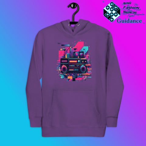 Retro Harmony Hoodie with Colorful Boombox Design by XGuidance Purple 11