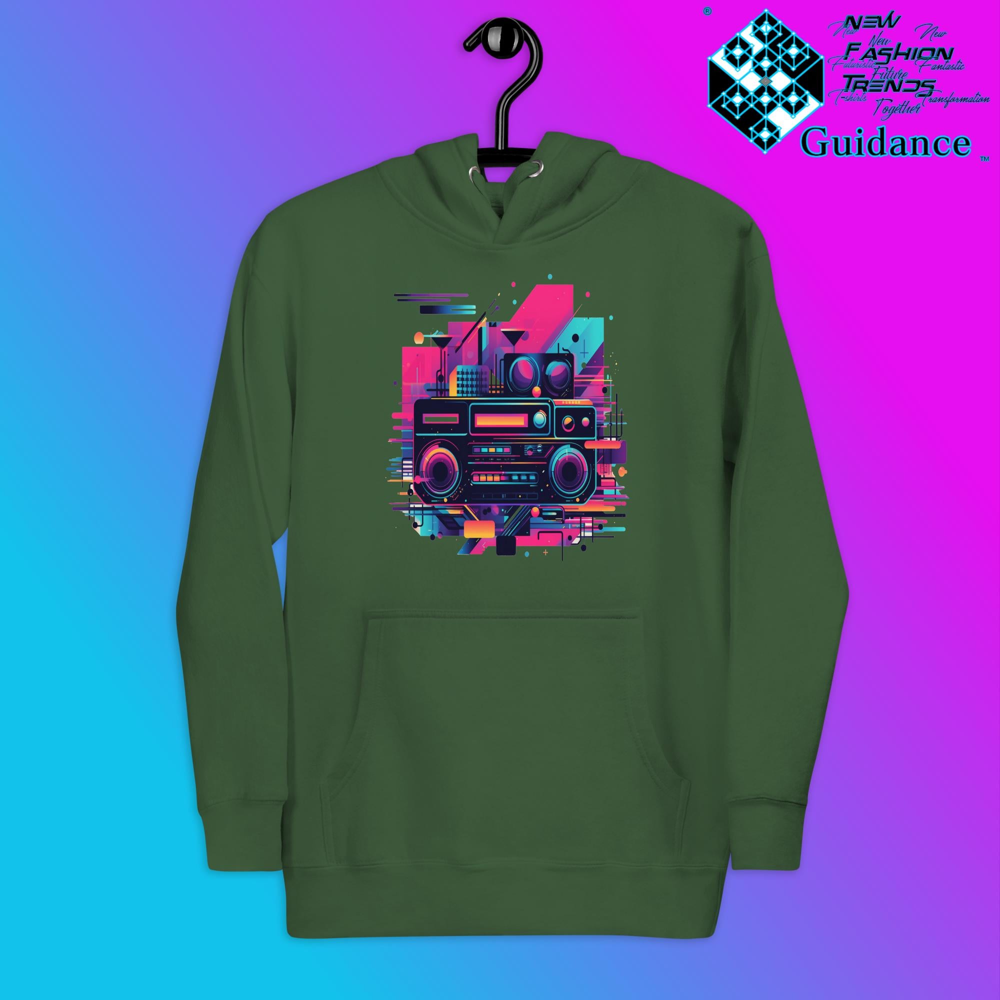Retro Harmony Hoodie with Colorful Boombox Design by XGuidance Forest Green 12