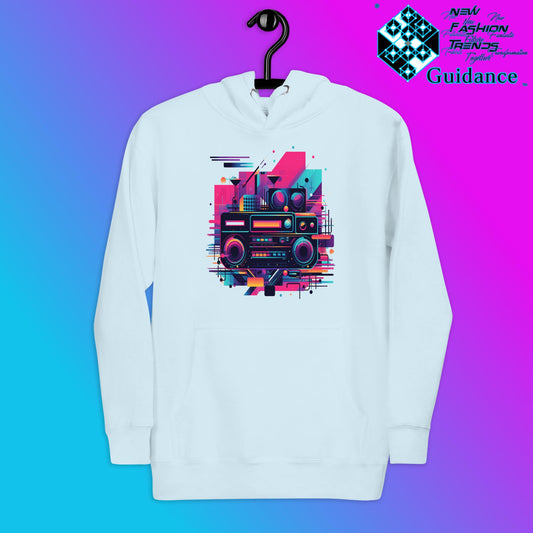 Retro Harmony Hoodie with Colorful Boombox Design by XGuidance Sky Blue 1
