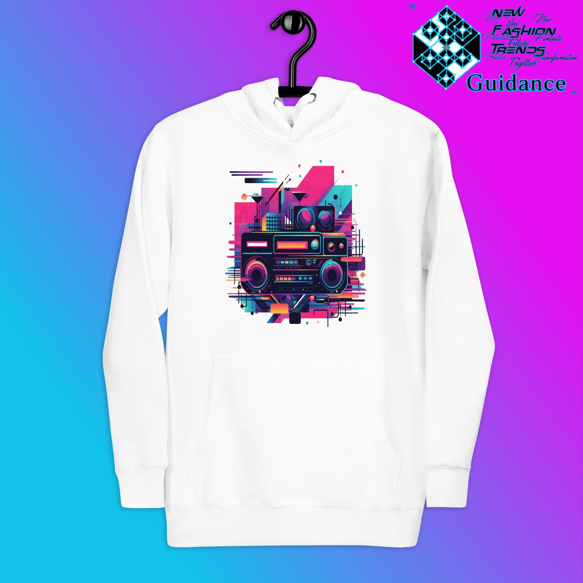 Retro Harmony Hoodie with Colorful Boombox Design by XGuidance White 2