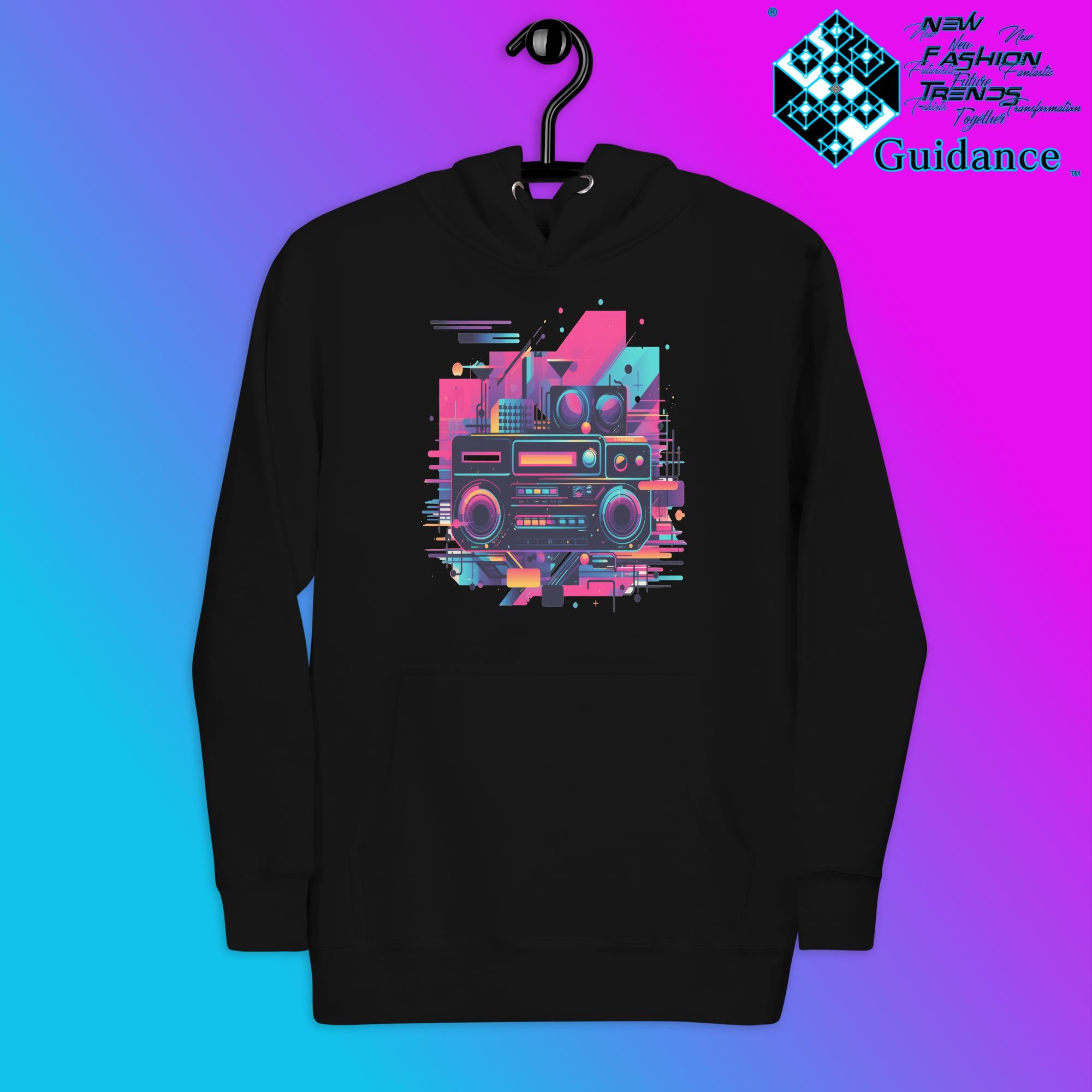 Retro Harmony Hoodie with Colorful Boombox Design by XGuidance Black 3