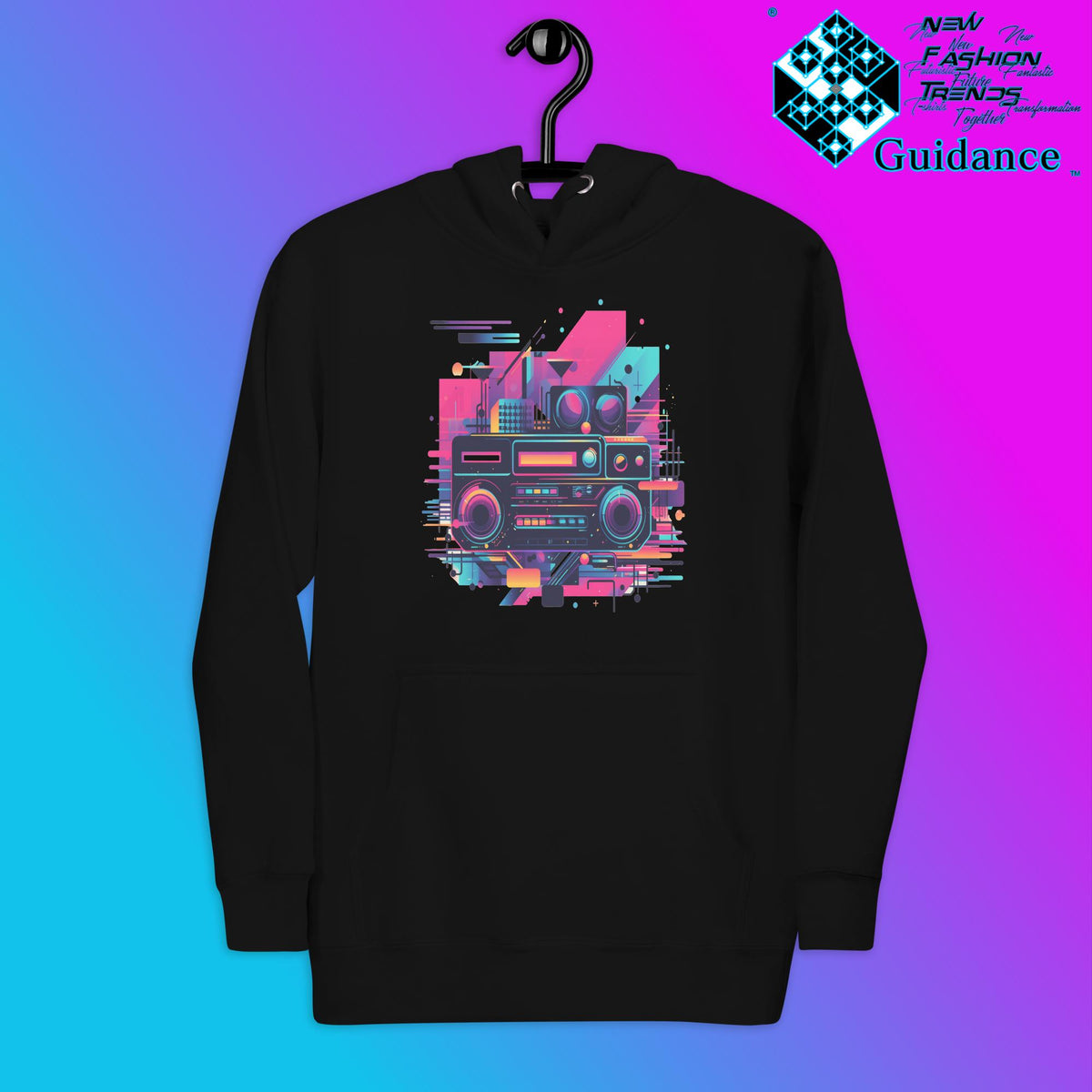 Retro Harmony Hoodie with Colorful Boombox Design by XGuidance Black 3