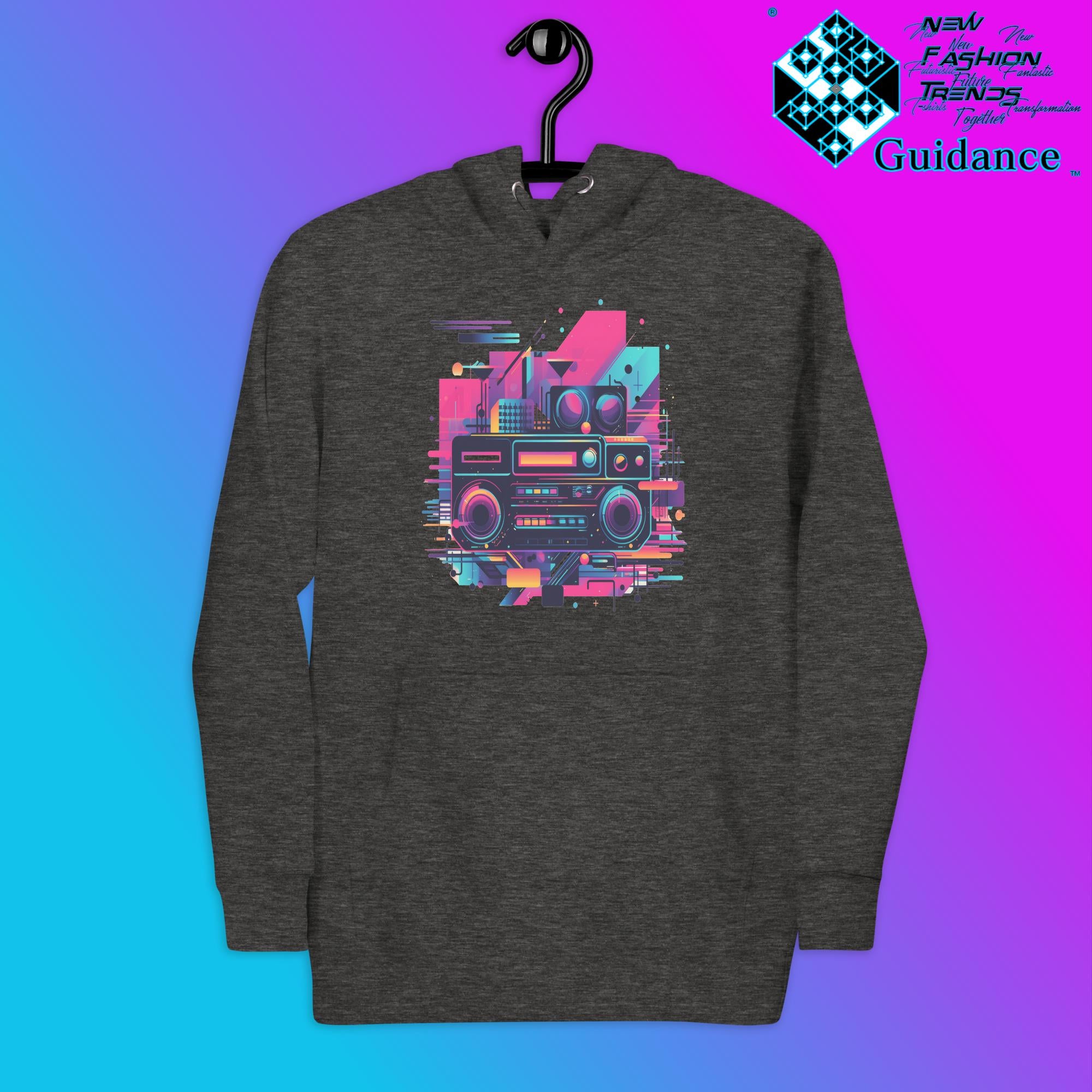 Retro Harmony Hoodie with Colorful Boombox Design by XGuidance Charcoal Heather 5