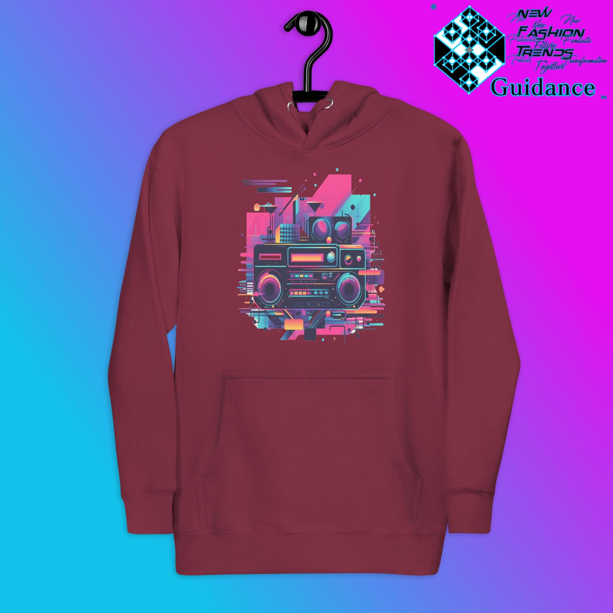 Retro Harmony Hoodie with Colorful Boombox Design by XGuidance Maroon 6