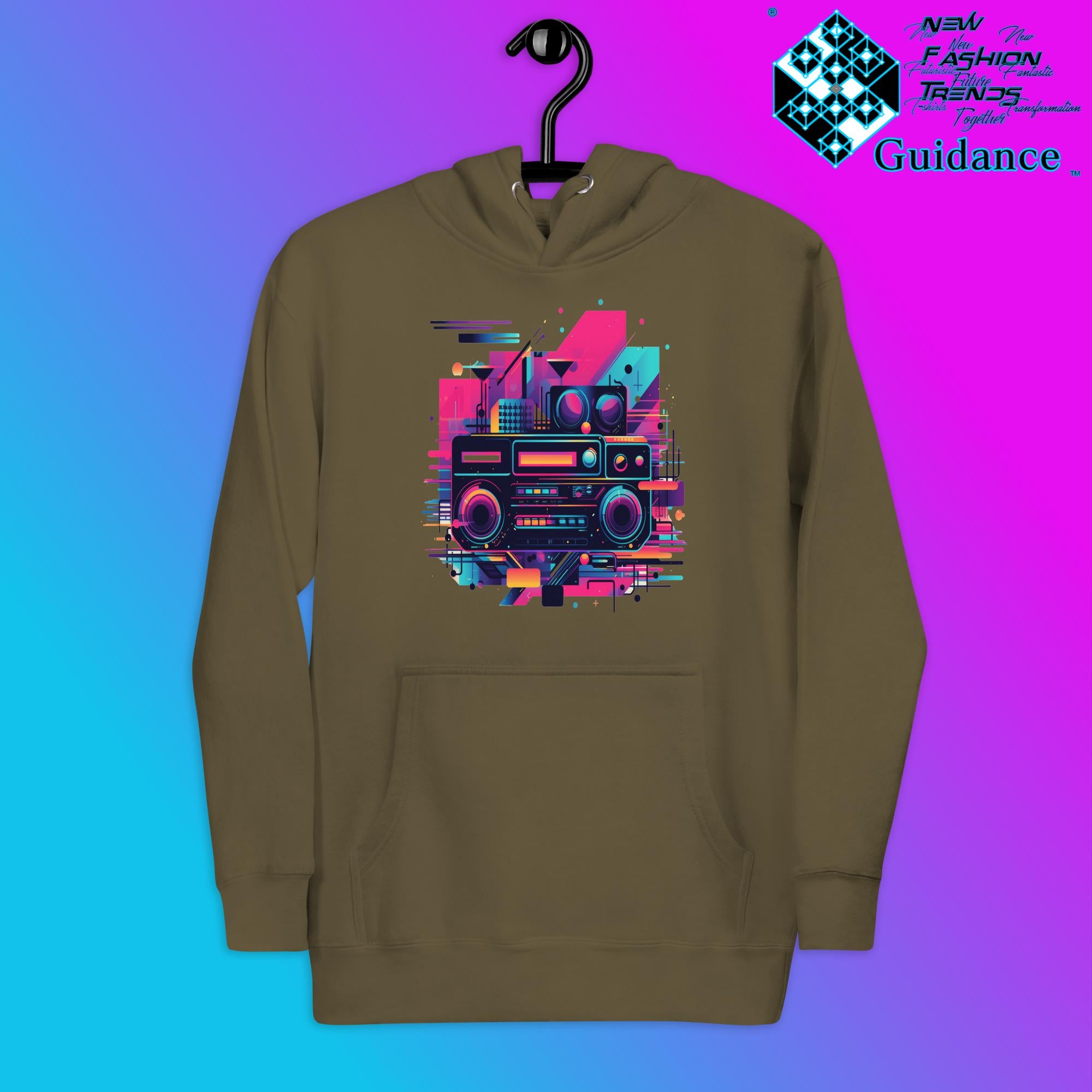 Retro Harmony Hoodie with Colorful Boombox Design by XGuidance Military Green 9