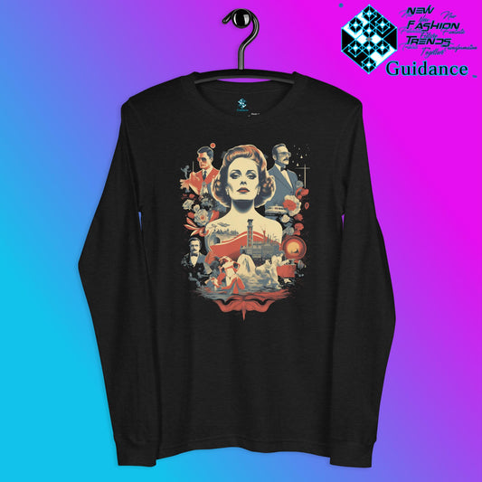 Retro Rendition Long Sleeve T-Shirt – Vintage Portrait Art by XGuidance Black Heather 1