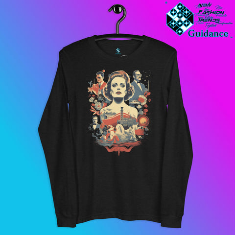 Retro Rendition Long Sleeve T-Shirt – Vintage Portrait Art by XGuidance Black Heather 1