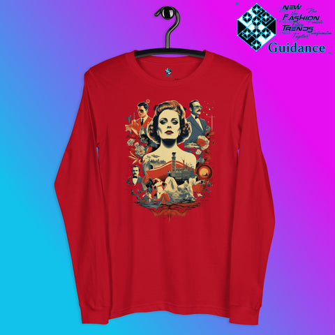 Retro Rendition Long Sleeve T-Shirt – Vintage Portrait Art by XGuidance Red 3