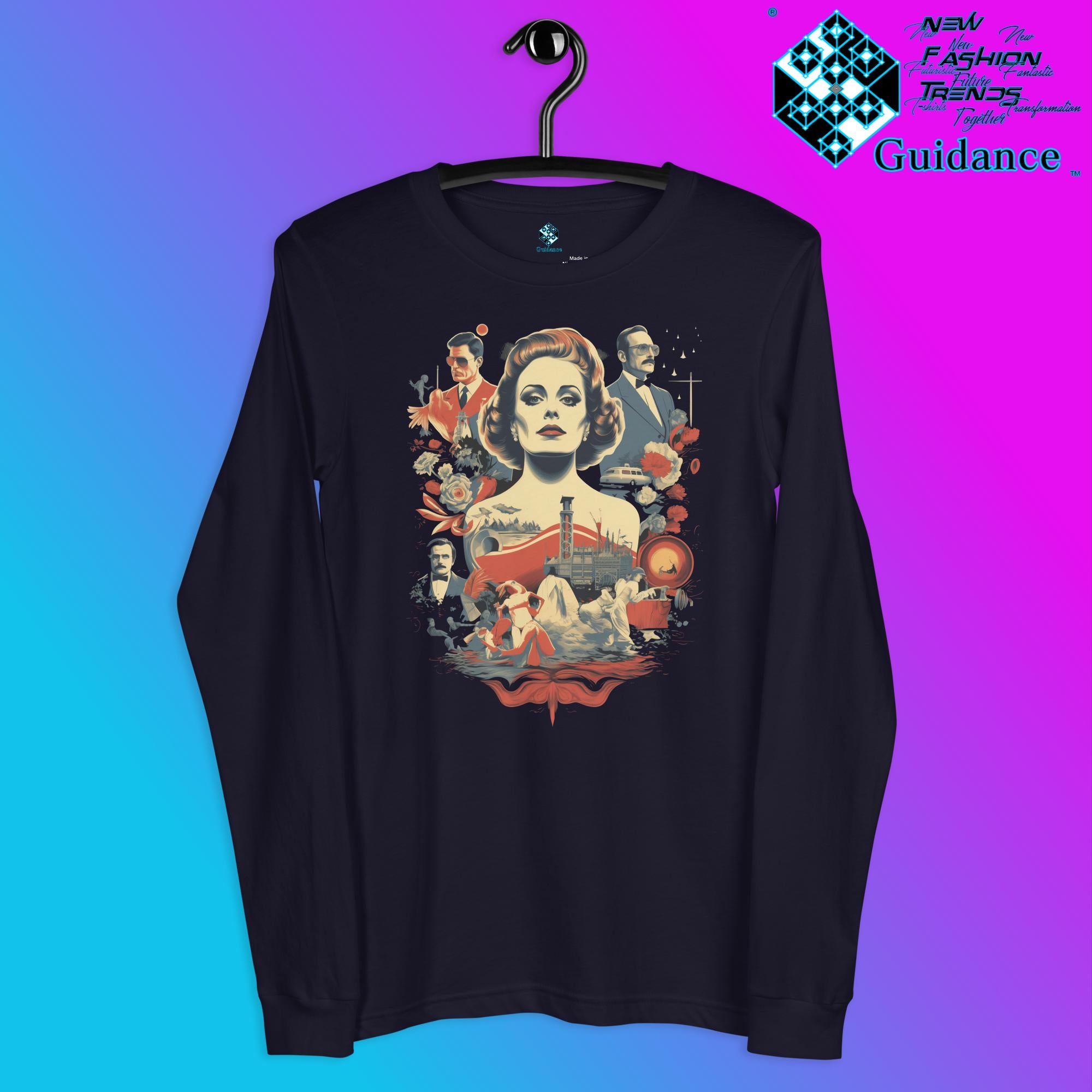 Retro Rendition Long Sleeve T-Shirt – Vintage Portrait Art by XGuidance Navy 4