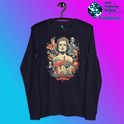 Retro Rendition Long Sleeve T-Shirt – Vintage Portrait Art by XGuidance Navy 4