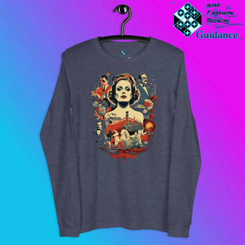 Retro Rendition Long Sleeve T-Shirt – Vintage Portrait Art by XGuidance Heather Navy 8