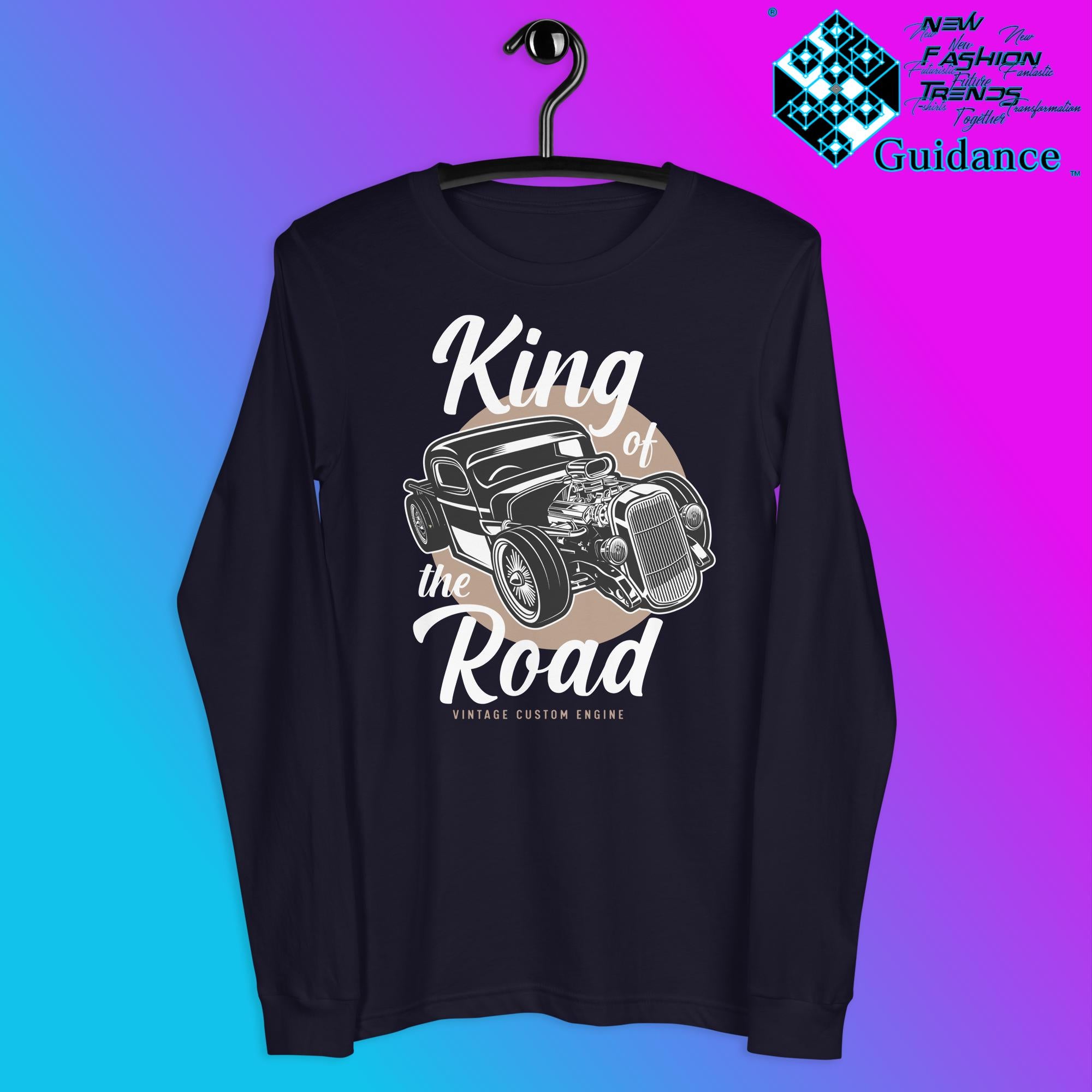Road Monarch Long Sleeve T-Shirt with Motorcycle Design by XGuidance Navy 4
