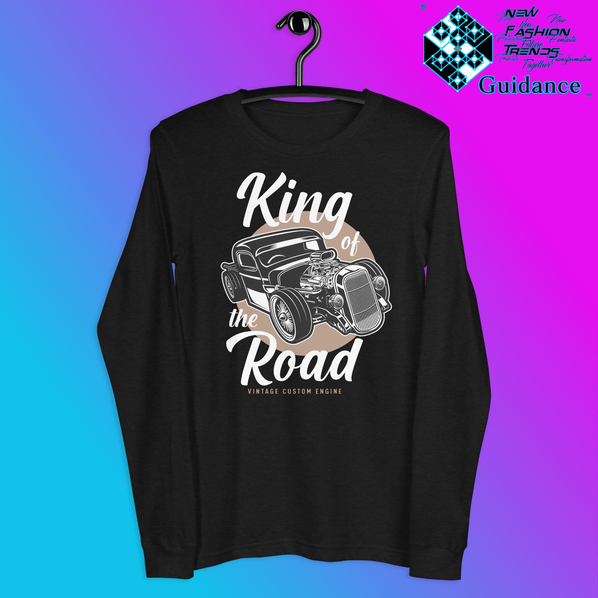 Road Monarch Long Sleeve T-Shirt with Motorcycle Design by XGuidance Black Heather 5