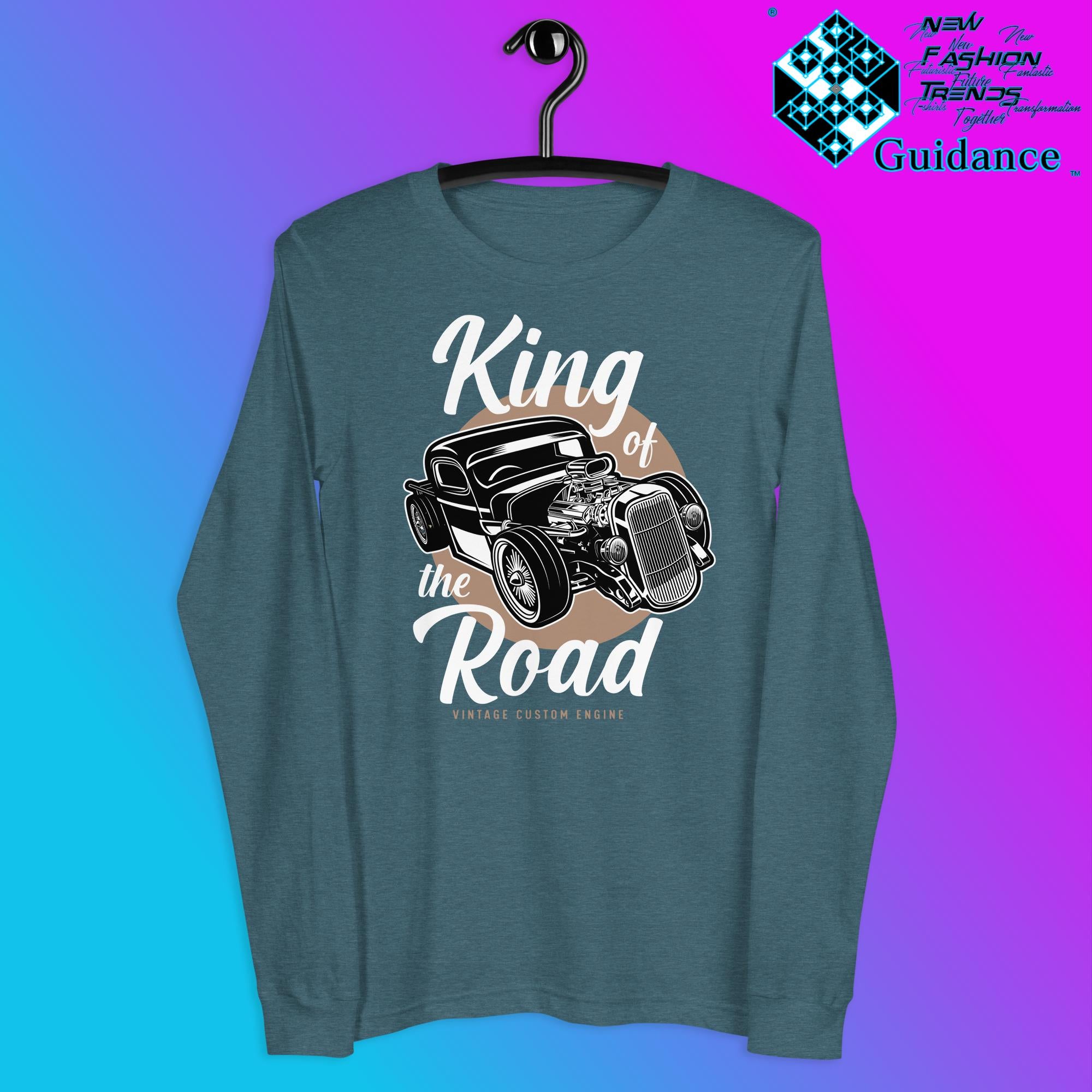 Road Monarch Long Sleeve T-Shirt with Motorcycle Design by XGuidance Heather Deep Teal 6