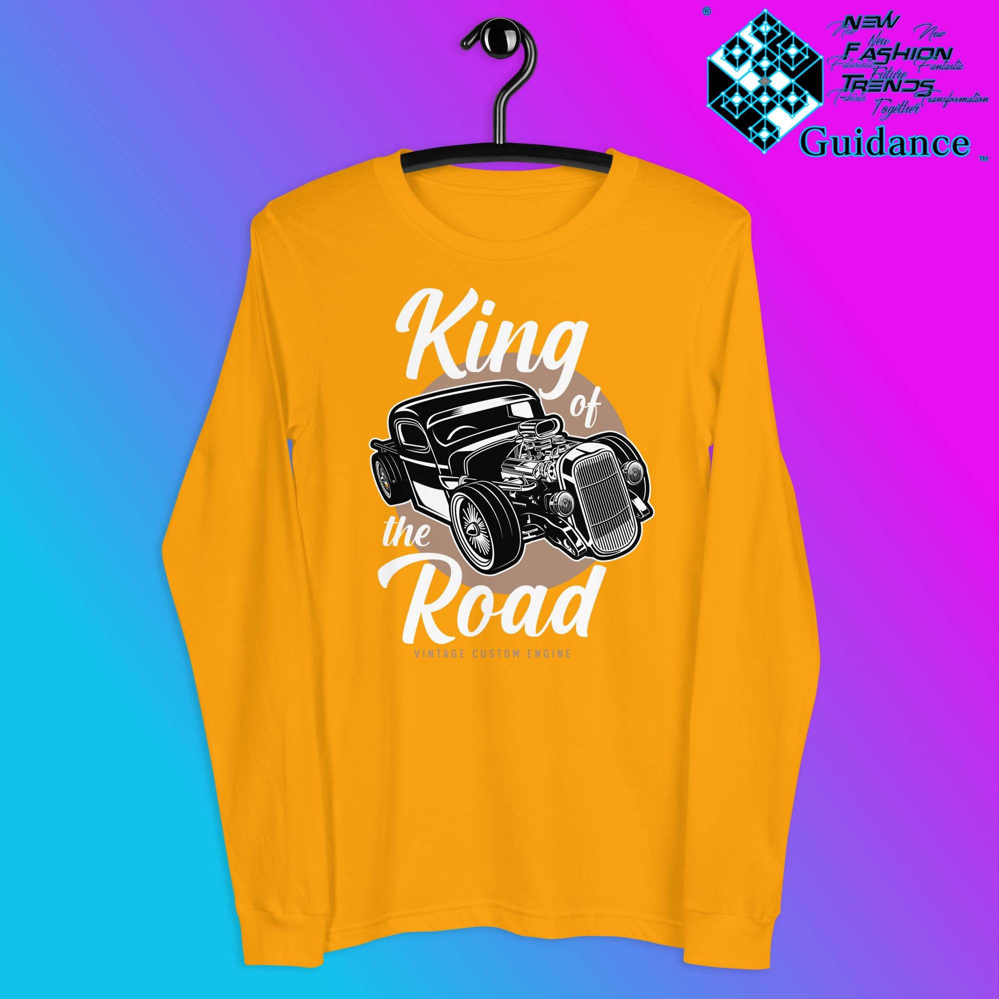 Road Monarch Long Sleeve T-Shirt with Motorcycle Design by XGuidance Gold 7