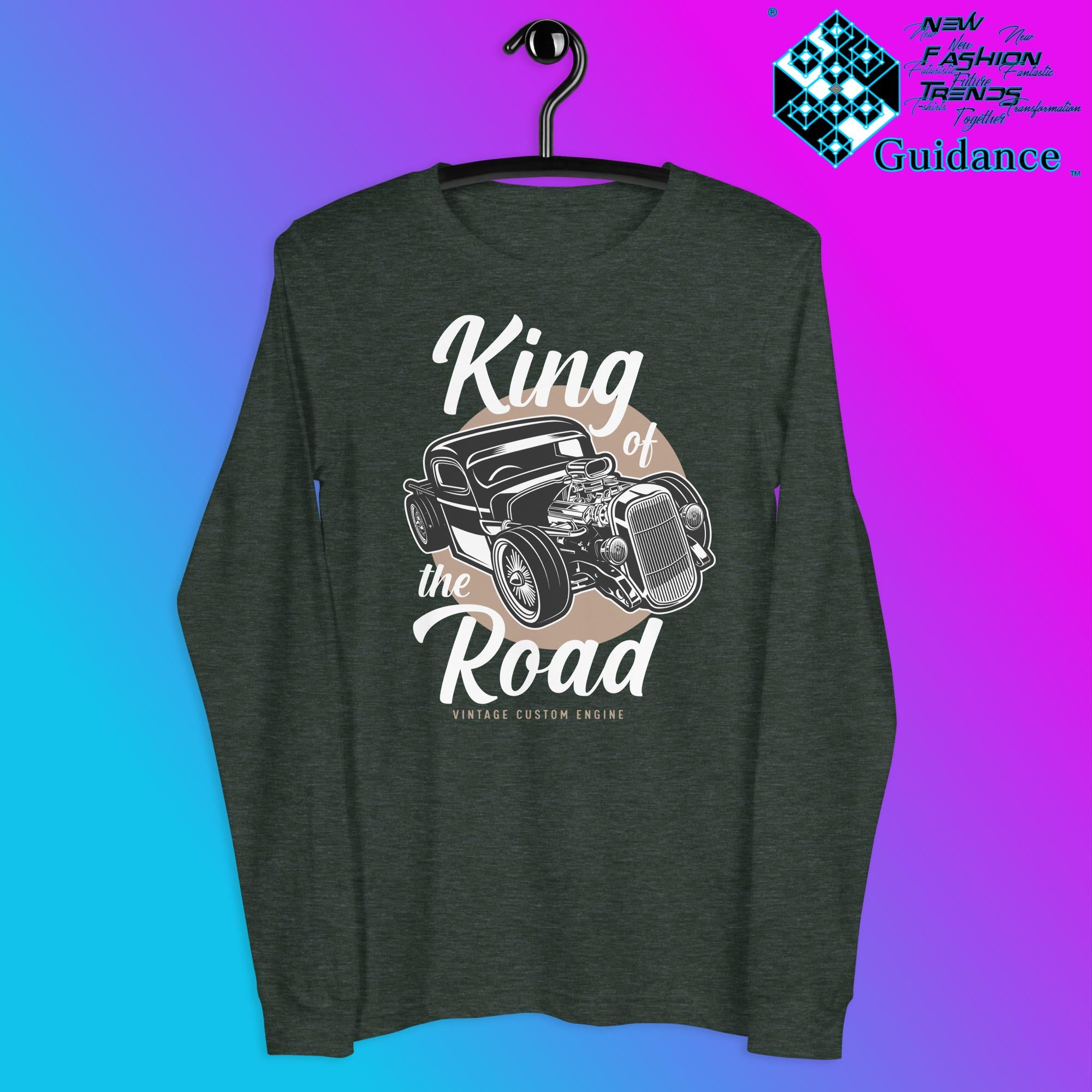 Road Monarch Long Sleeve T-Shirt with Motorcycle Design by XGuidance Heather Forest 9